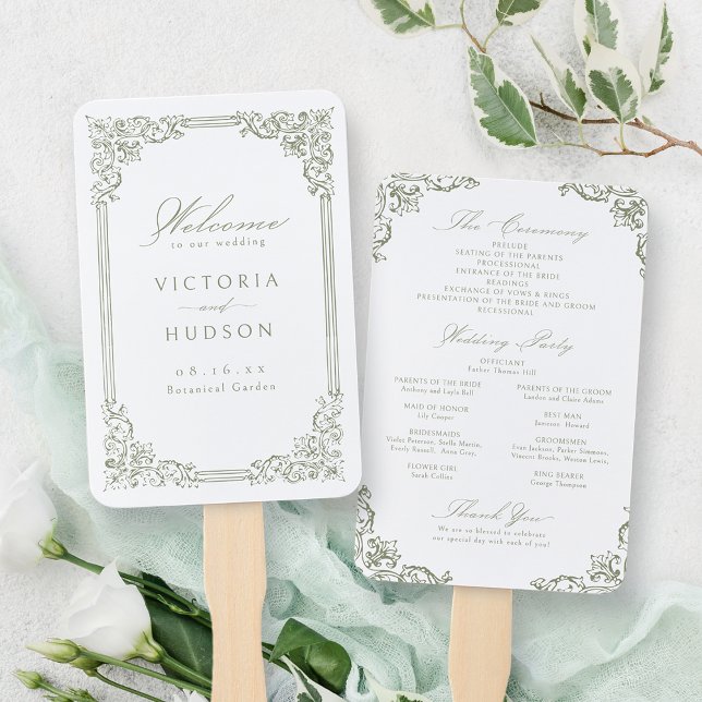 Abanico Sage Green Vintage Frame Elegant Wedding Program (Sage Green Vintage Frame Elegant Wedding Program Hand Fan)