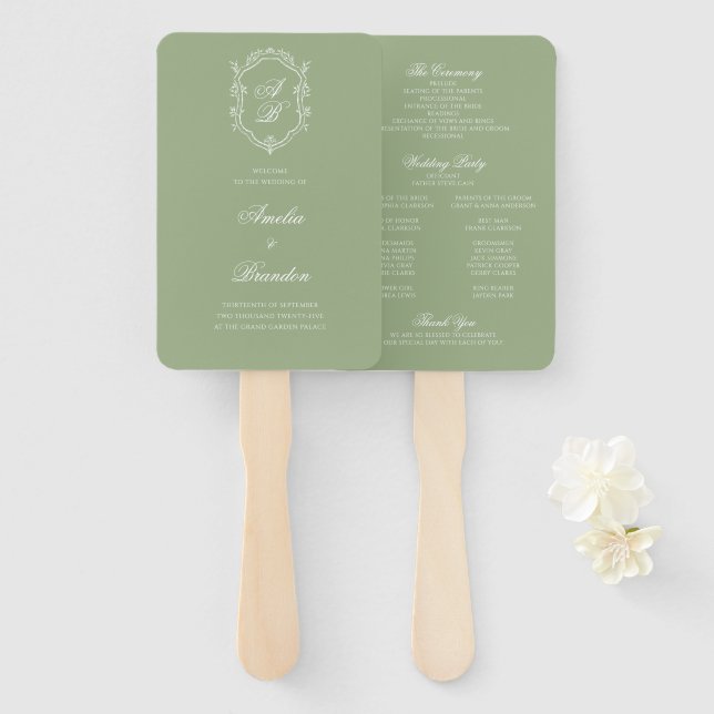 Abanico Sage Green & White Monogram Crest Wedding Program (Anverso y reverso)