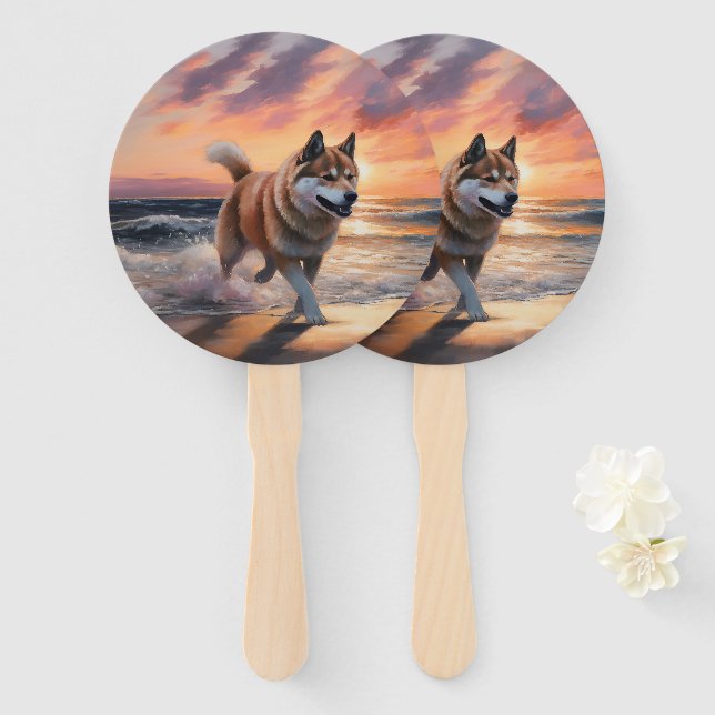 Abanico Sandy Paws Akita Dog en Beach Sunset (Anverso y reverso)