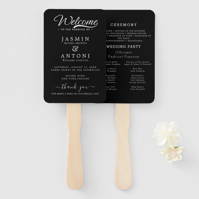 Abanico Script Minimalista Moderno Negro | Boda (Anverso y reverso)