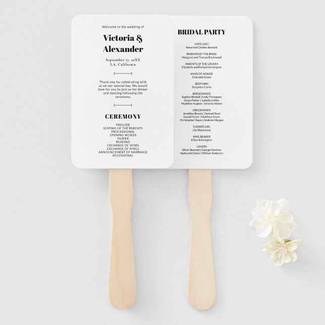Abanico Sencilla Moda elegante Programa de Bodas Blancas y (Anverso y reverso)
