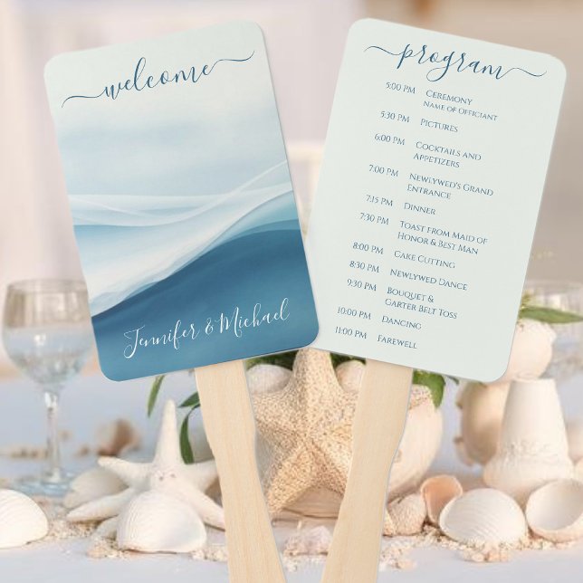 Abanico Serene Blue Beach Wedding Program (Serene Blue Abstract Wedding Program Hand Fan )