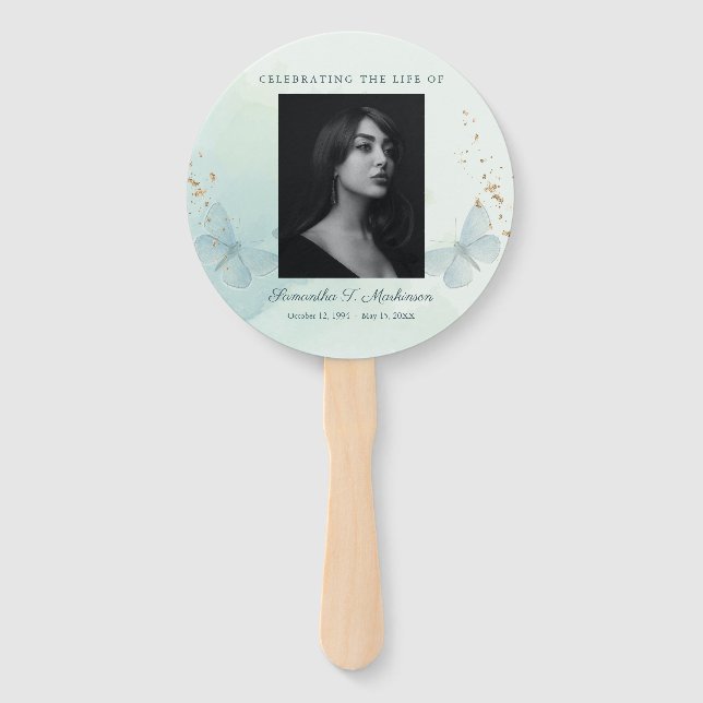 Abanico Servicios Funerarios de Mariposa de Acuarela Verde (Anverso)