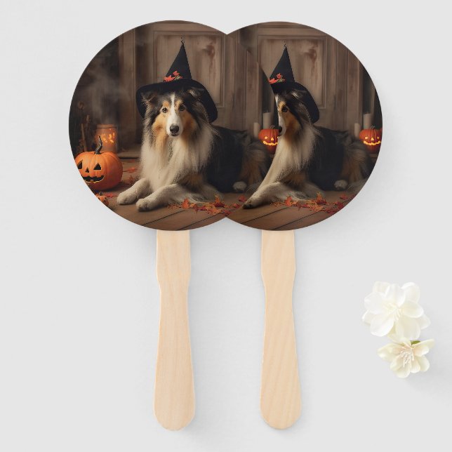 Abanico Shetland Sheepdog Pumpkins Halloween Scary (Anverso y reverso)