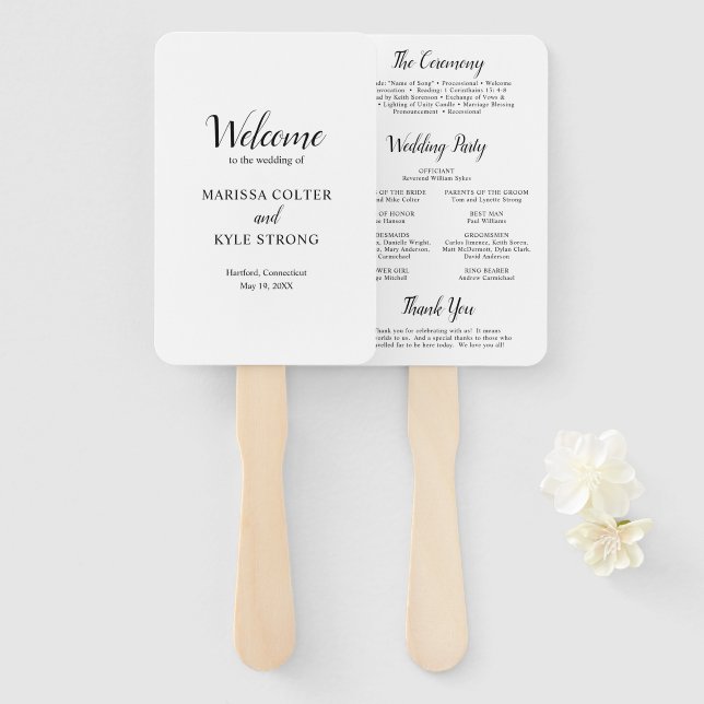 Abanico Simple Black White Modern Elegant Wedding (Anverso y reverso)