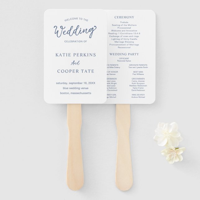 Abanico Simple Dusty Blue Bold Font Programa de matrimonio (Anverso y reverso)