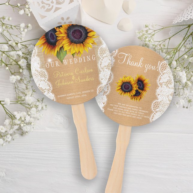 Abanico Sunflower country burlap lace boda favor (Subido por el creador)