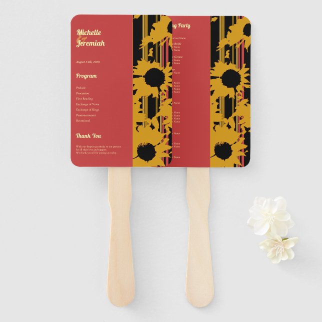 Abanico Sunflower Sunset Coral Gold Modern Wedding (Anverso y reverso)