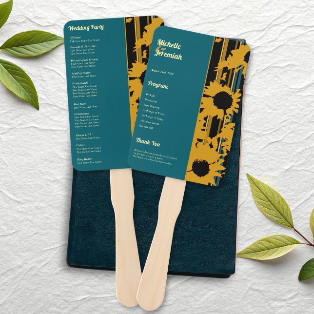 Abanico Sunflower Teal Blue Gold Modern Wedding Program (Subido por el creador)