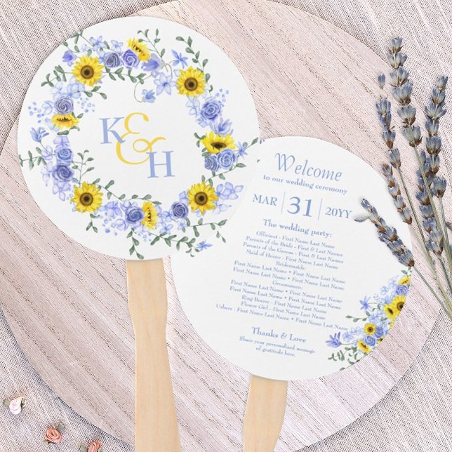 Abanico Sunflowers Dusty Blue Roses Wedding Wreath (sunflower dusty blue wedding hand fans, sunflowers light blue roses paper fans favors)