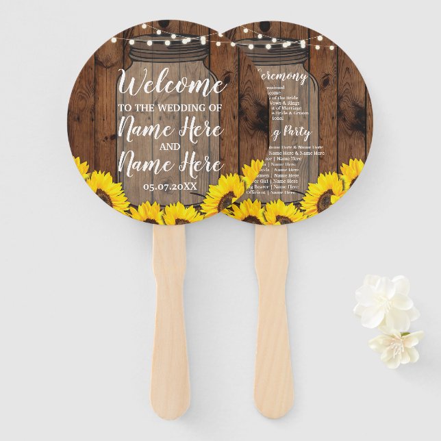 Abanico Sunflowers Jar Wood Wedding Program Fan Floral (Anverso y reverso)