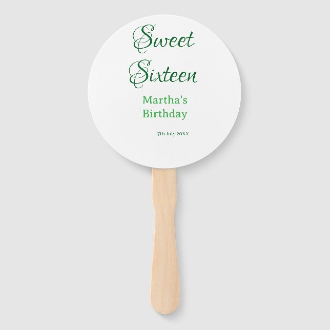Abanico Sweet Sixteen green name date calligraphy boho ret (Anverso)