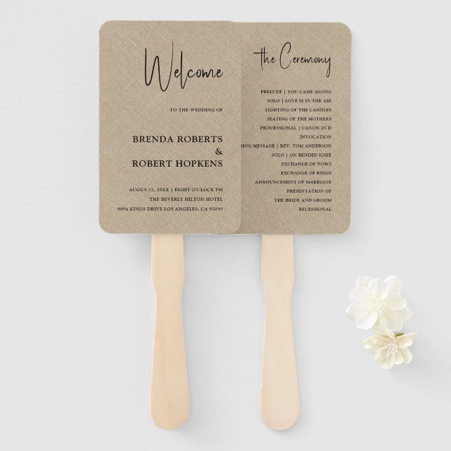 Abanico Tan Linen Simple Black Script Boda Hand Fan (Anverso y reverso)