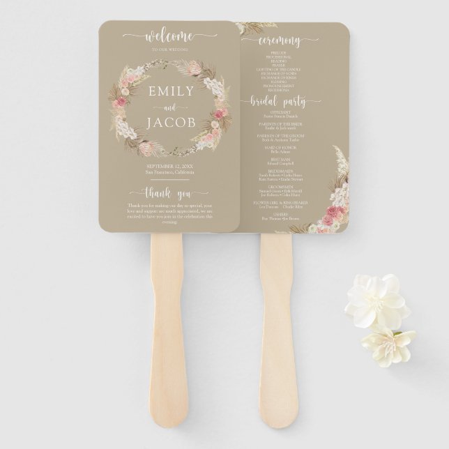 Abanico Taupe Boho Floral Wedding Program mano Ventilador (Anverso y reverso)