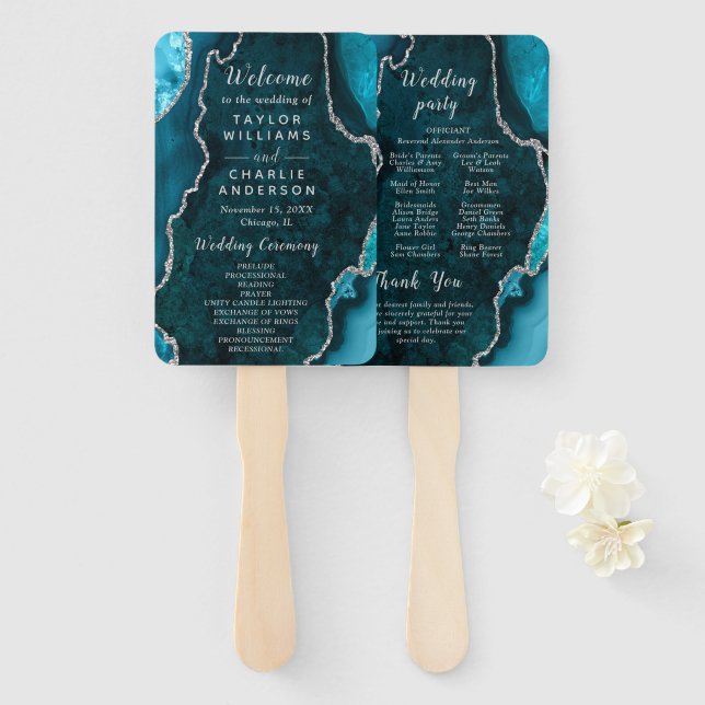 Abanico Teal Blue and Silver Agate Wedding Program (Anverso y reverso)