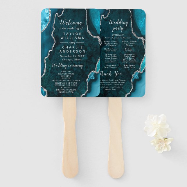 Abanico Teal Blue and Silver Agate Wedding Program (Anverso y reverso)