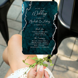 Abanico Teal Blue Silver Agate Script Wedding Program