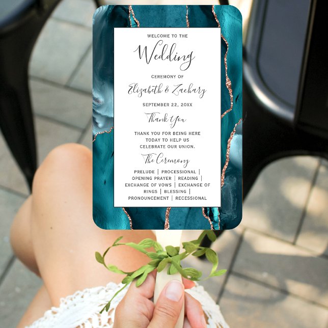 Abanico Teal Rose Gold Agate White Wedding Program (Subido por el creador)