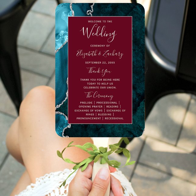 Abanico Teal Silver Agate Burgundy Wedding Program (Subido por el creador)