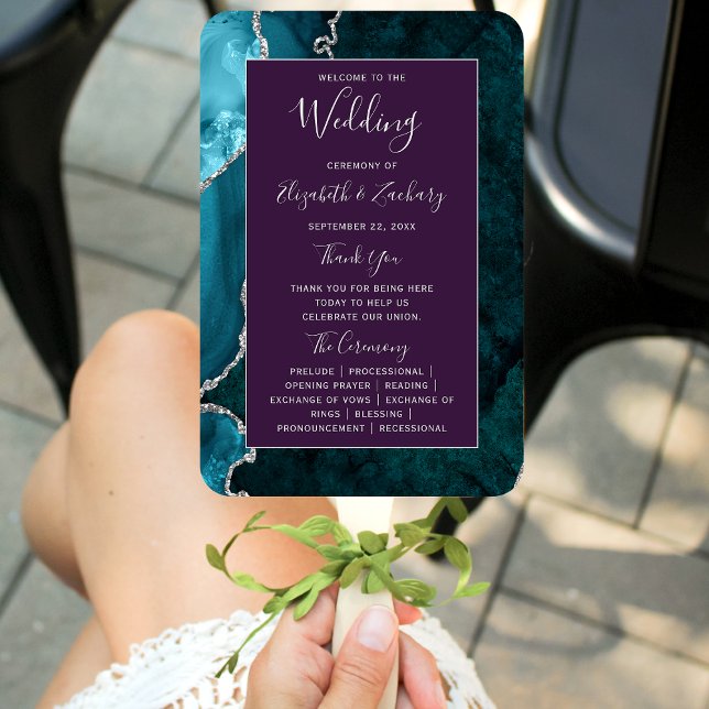Abanico Teal Silver Agate Purple Wedding Program (Subido por el creador)