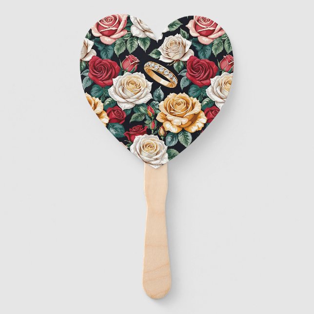 Abanico Tema de boda con rosas y anillos de boda (Anverso)