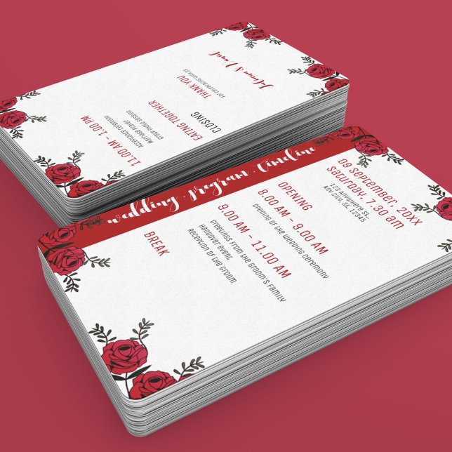 Abanico Tema del Boda floral de rosa roja (wedding program detailed hand fan)