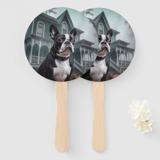 Abanico Temeroso susto de Halloween en Boston Terrier (Anverso y reverso)