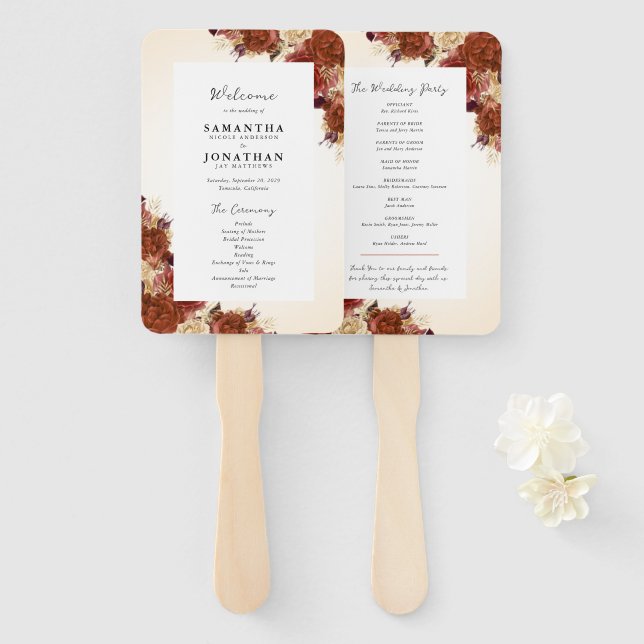 Abanico Terracotta Fall Flowers Boda de escritura a mano (Anverso y reverso)