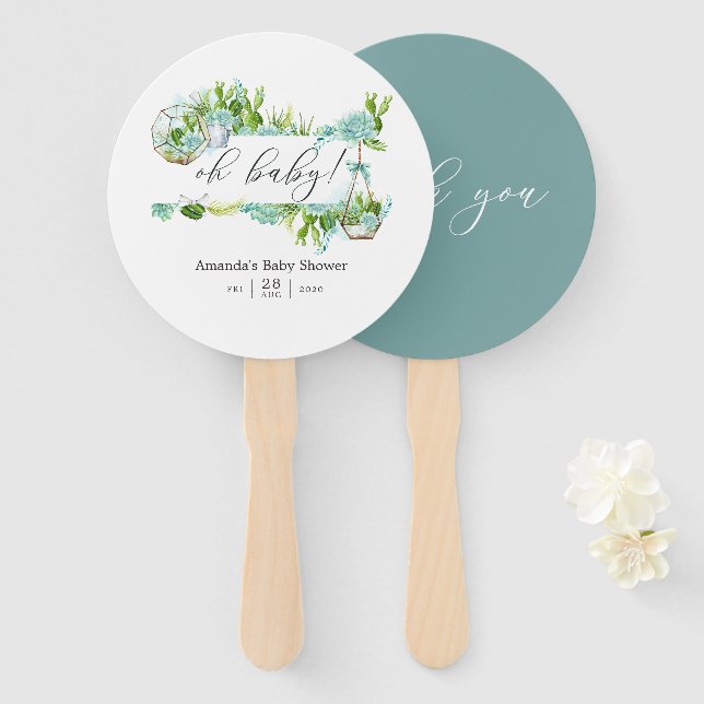 Abanico Terrario de cristal de agua suculenta Baby Shower (Anverso y reverso)