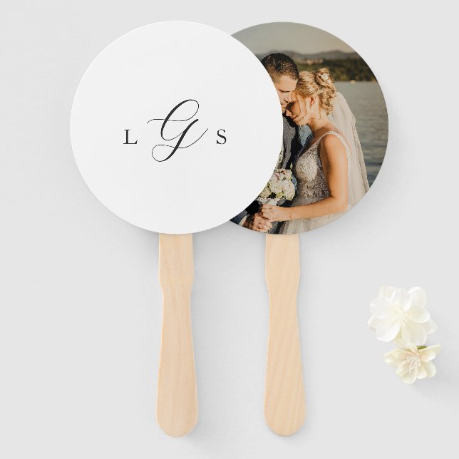 Abanico Timeless Black and White Monogram Elegant Wedding (Anverso y reverso)
