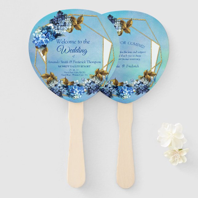 Abanico Tonos de las Hydrangeas de las acuarelas azules (Anverso y reverso)