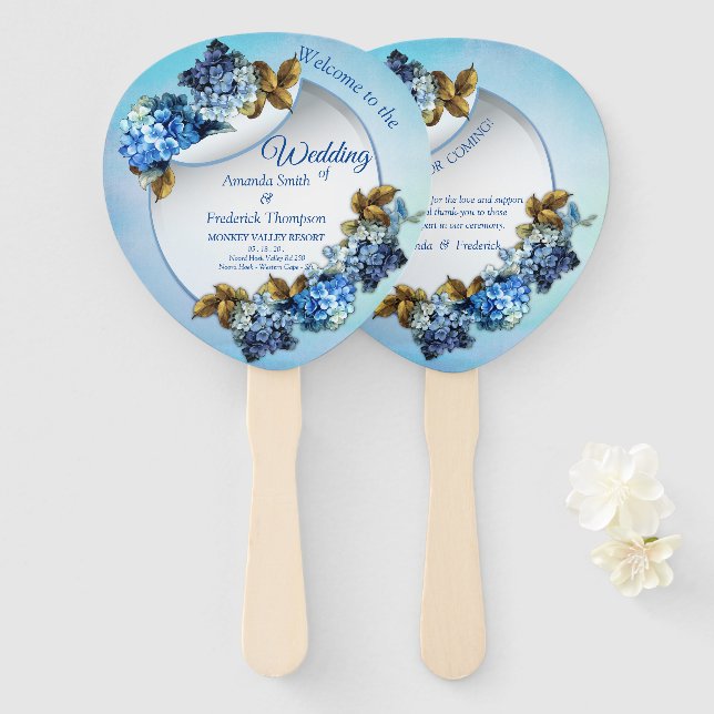 Abanico Tonos de las Hydrangeas de las acuarelas azules (Anverso y reverso)