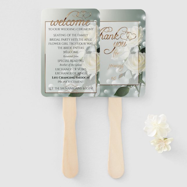 Abanico Tres rosas blancas/guarnición de oro (Anverso y reverso)