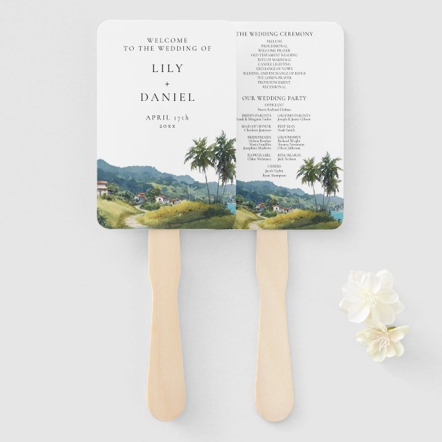 Abanico Tropical Caribbean Wedding Program Hand Fan (Anverso y reverso)