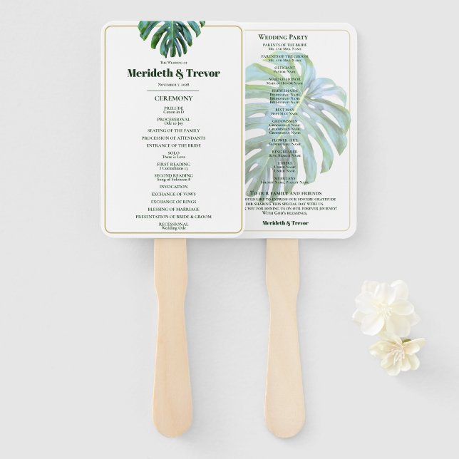Abanico Tropical Leaves Boda Dorada Moderna en Playa (Anverso y reverso)