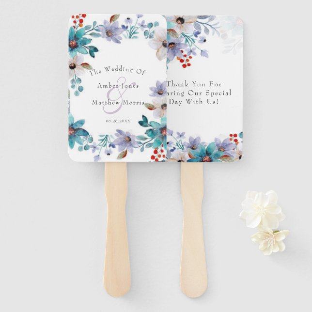 Abanico Turquoise Lavender Florals Wedding Favor (Anverso y reverso)