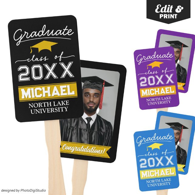 Abanico Ventilador de mano de graduación editable con nomb (Editable Graduation Hand Fan with Name & School, Custom Black Gold Hand Fan for Graduation Ceremony )