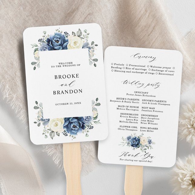 Abanico Ventilador de mano del programa de champán de la m (Dusty Blue Navy Champagne Ivory Wedding  Program Hand Fan)