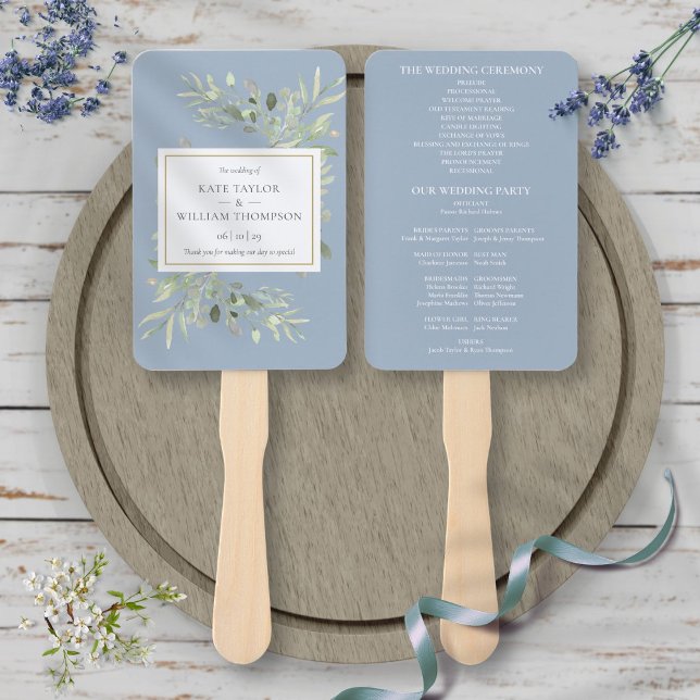 Abanico Ventilador de mano del programa Dusty Blue Greener (Dusty Blue Greenery Wedding Program Hand Fan)