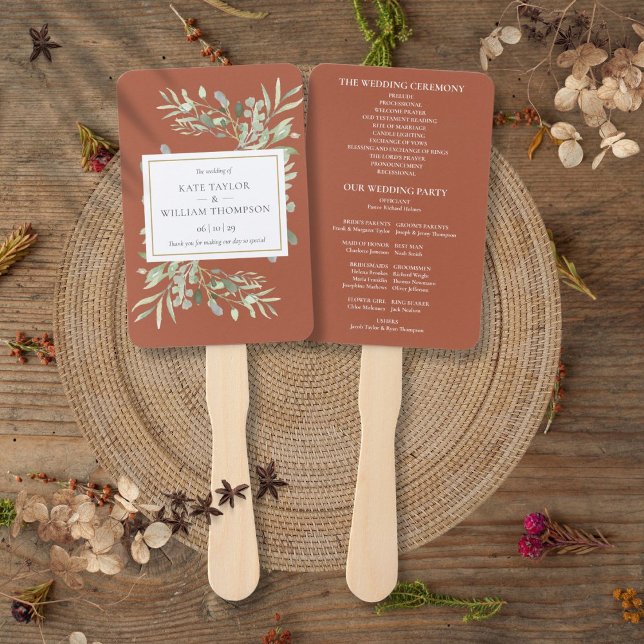 Abanico Ventilador de mano del programa Terracotta Greener (Terracotta Greenery Wedding Program Hand Fan)