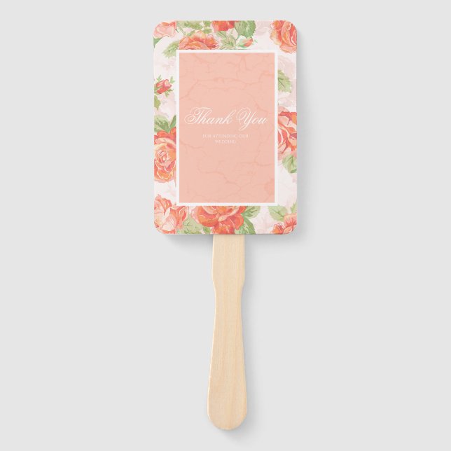 Abanico ventilador de mano rosa floral naranja (Anverso)