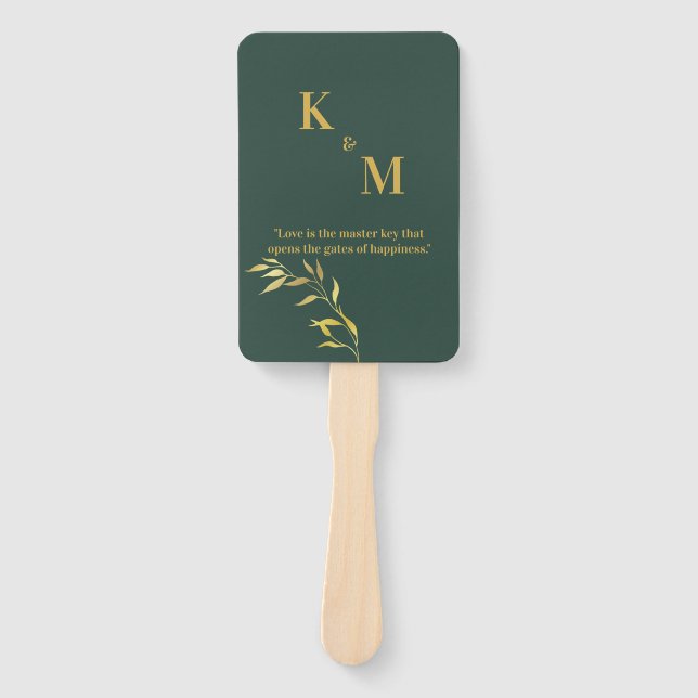 Abanico Ventilador de mano verde y dorada para Bodas y eve (Anverso)