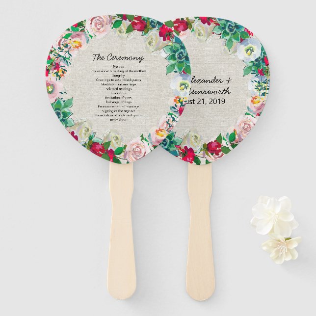 Abanico Ventilador del programa de bodas con flores de lin (Anverso y reverso)