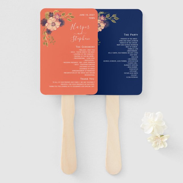 Abanico Ventilador del programa de bodas florales rusticas (Anverso y reverso)