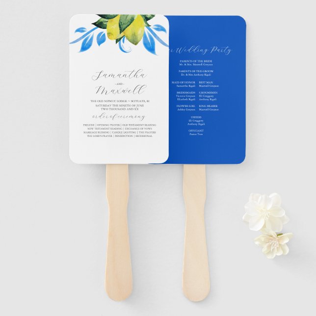 Abanico Ventilador del programa de bodas Hojas de lémones  (Anverso y reverso)