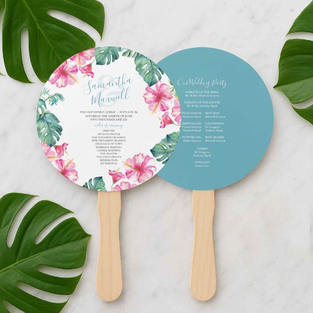 Abanico Ventilador del programa temático Boda tropical (Tropical beach wedding program fan template with watercolor pink flowers and palm leaves)