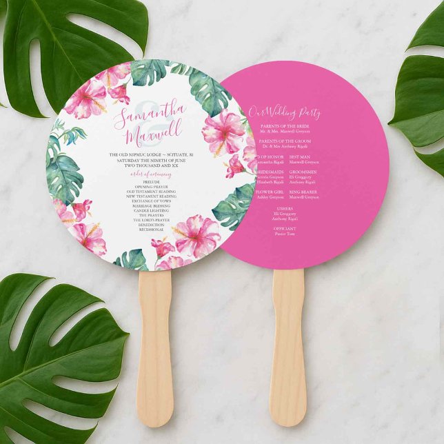 Abanico Ventilador del programa temático Boda tropical (tropical beach wedding program fans pink hibiscus flowers and palm leaves watercolor art)