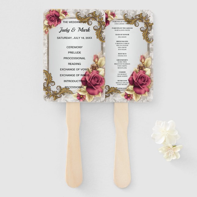 Abanico Ventiladores del elegante programa de bodas de ros (Anverso y reverso)
