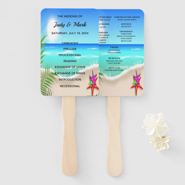 Abanico Ventiladores del programa de bodas Starfish en col (Anverso y reverso)