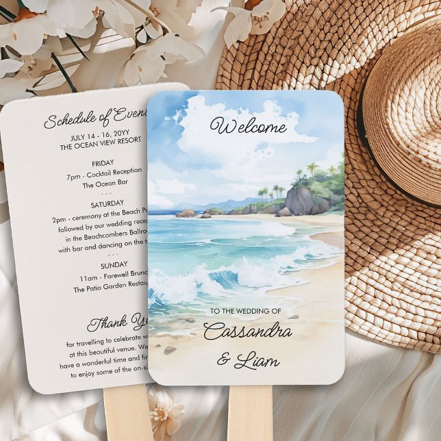 Abanico Verano Watercolor Beach Wedding Bienvenida Itinera (Wedding Program Hand Fans from the Summer Beach Wedding Collection by Darling & May)